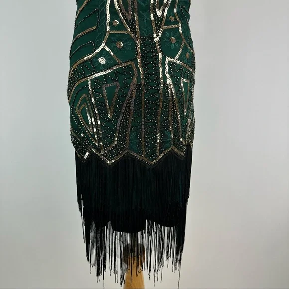 BABEYOND Green Gold Art Deco Sequin Flapper Dress Size XS - Picture 4 of 14